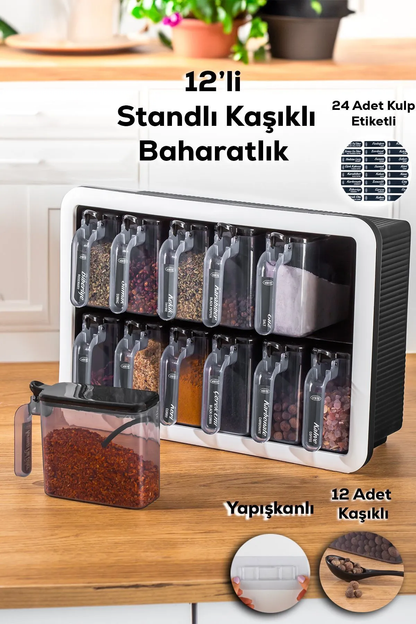 Standlı 12'Li Kaşıklı Kapaklı Baharatlık Takımı